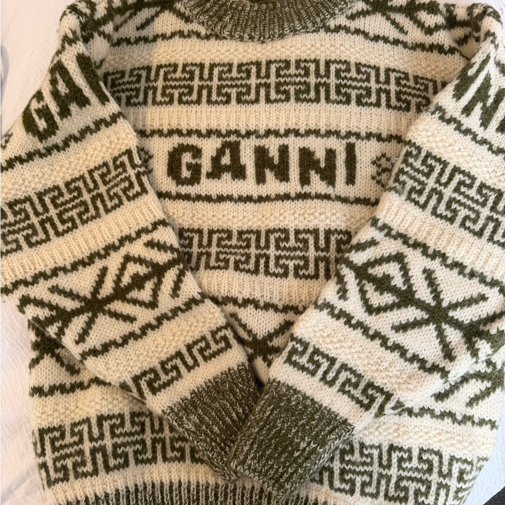 GANNI Olive and Cream Knit Sweater - Picture 4 of 7